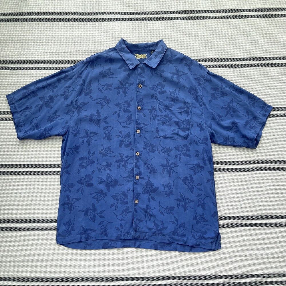 100% Silk Eagle Dry Goods Hawaiian Shirt Floral Aloha Mens Xl Wood Buttons